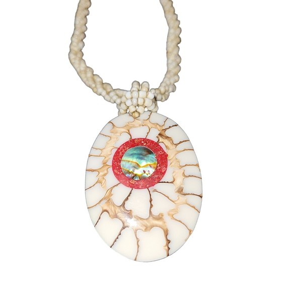 Swimmi Iridescent Abalone Shell Cone Shell Pendant Beads Necklace Boho 16" - Picture 1 of 4